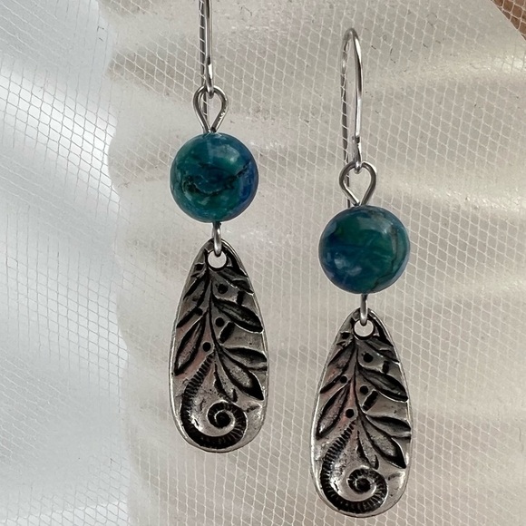 BLUE Peacock Turquoise Earrings with Teardrop Silver Charms - Picture 3 of 12